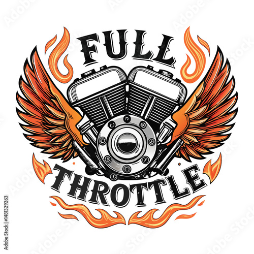 A fiercely burning V-twin engine, dramatically depicted with majestic, outstretched wings, rendered in bold, full detail.