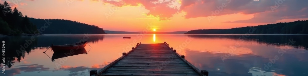 Obraz premium Old wooden pier,small fishing boat, tranquil Finnish lake sunset , nordic, orange