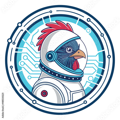 A cartoon chicken astronaut, wearing a spacesuit, floats serenely within a glowing, futuristic ring orbiting a distant planet.