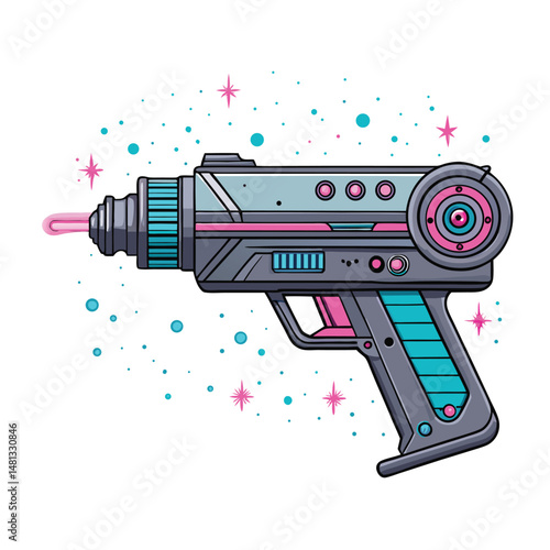 Render a futuristic laser pistol; neon-edged, particle effects emanating from the barrel.  High detail, cinematic lighting.