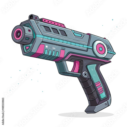 Render a futuristic laser pistol, neon-edged, with particle effects emanating from the barrel.  High detail, 8k resolution.
