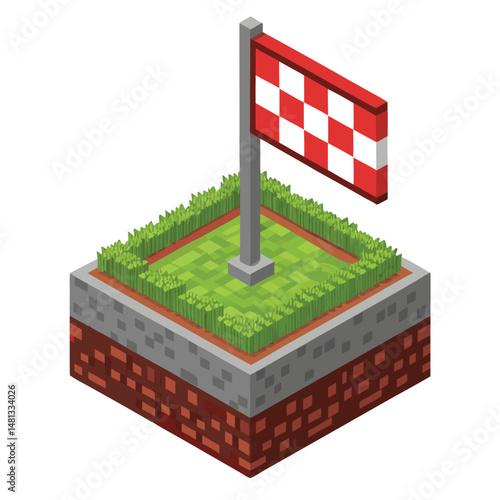 A vibrant, glowing checkpoint flag embedded in low-polygonal, pixelated terrain.  The flag is brightly lit, contrasting with the dark, blocky landscape.