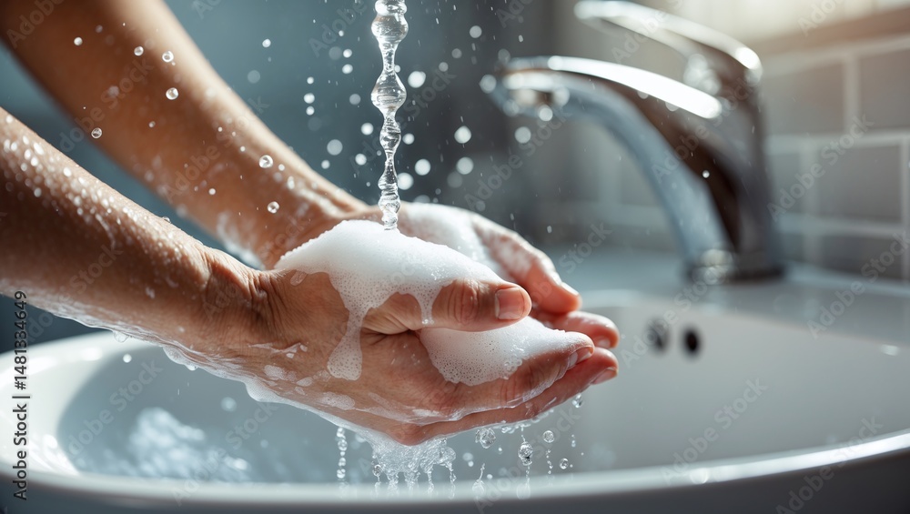 Fototapeta premium Closeup view of hands washing with soapy water.