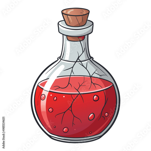 Render a vibrant fantasy health potion;  glowing crimson liquid within a cracked glass bottle, emitting ethereal red light.  Emphasis on detail and magical realism.