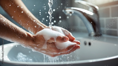 Closeup view of hands washing with soapy water.