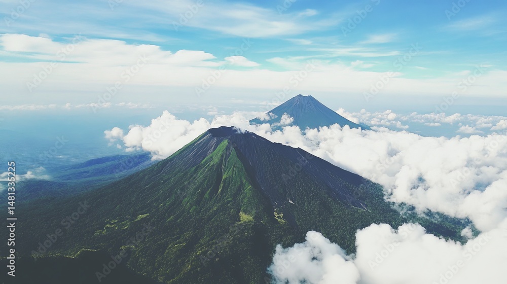 Fototapeta premium Majestic Costa Rican volcano rises above lush tropical greenery under clear blue sky and fluffy clouds, showcasing the natural beauty, environmental significance, and silhouette of Chato Mountain.
