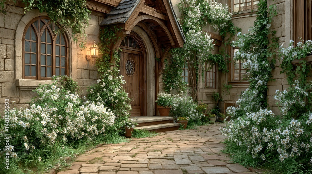 Naklejka premium Enchanting Fairytale Garden House Entrance Stone Path Blossoms Ivy