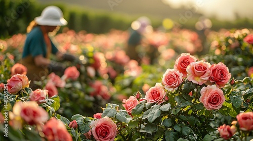 Workers harvesting beautiful roses at a vibrant farm during sunset in nature