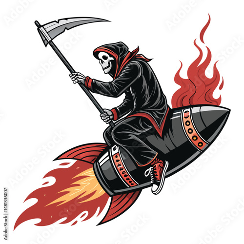 A grim reaper, cloaked and skeletal, rides a flaming rocket soaring through a dark, gothic sky; dark fantasy art, met style.