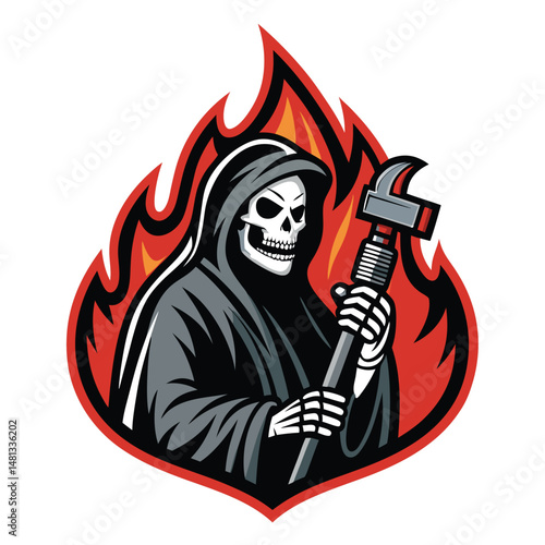 A grim reaper, traditionally depicted, unexpectedly wields a wrench and spark plug, suggesting a macabre mechanic or industrial afterlife.  The image should be dark and slightly surreal.