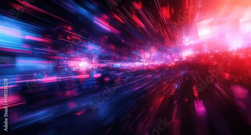Abstract digital tunnel with vibrant glowing red and blue lights creating a futuristic high-speed motion effect