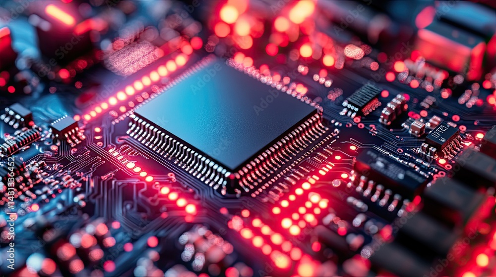 A close up view of a computer chip with red lights and blue highlights on a dark circuit board A close up view of a computer chip with red lights and blue highlights on a dark circuit board