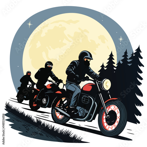 A dramatic full moon illuminates a group of motorcycle bikers cruising down a dark, winding road at night.  Their silhouettes are stark against the bright lunar light.