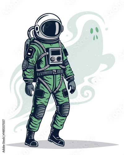 Eerie illustration of a haunted astronaut, spectral aura glowing, floating in the inky blackness of space.  Focus on detail in the astronaut's suit and ghostly emanations.