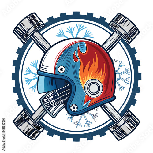 A meticulously detailed digital painting of a helmet bisected, revealing fiery inferno on one side and glacial ice on the other, showcasing contrasting elemental forces.