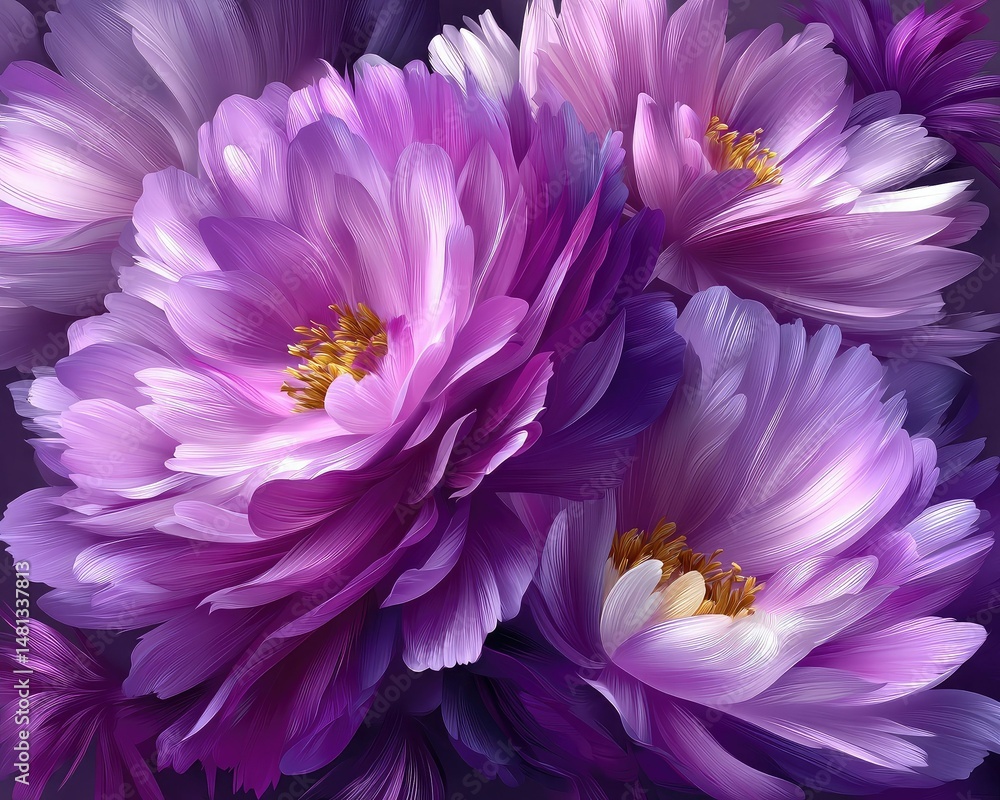 Obraz premium A vibrant close-up of blooming purple and pink flowers with delicate petals and golden centers on a dark background.