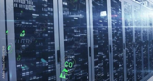Server cabinets running glowing eco energy icons through glass doors in flat design corridor