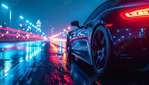 Wallpaper Mural Futuristic automotive background, sleek metallic textures, moody lighting with cool blues and subtle red highlights, neon light reflections on a wet asphalt road, blurred motion lines suggesting speed Torontodigital.ca