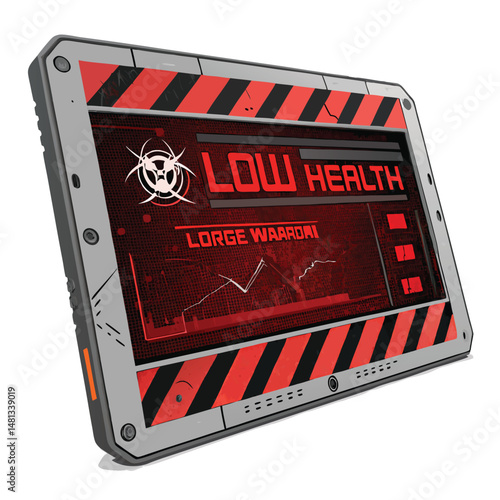 Create a digital painting of a cracked HUD screen displaying a critical low health warning, emphasizing red alerts and visual glitches.