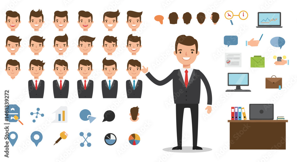 Diverse collection of cartoon businessman avatars and assorted business icons Diverse collection of cartoon businessman avatars and assorted business icons