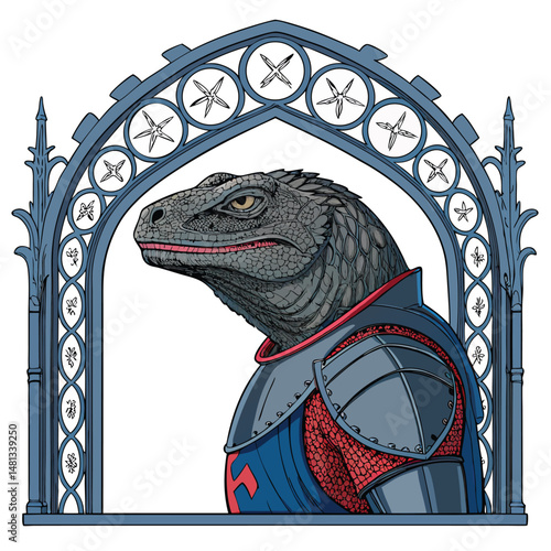 A majestic Komodo dragon, clad in ornate gothic battle armor, fiercely posed amidst a dark, gothic setting.  Intricate details in both the armor and background are crucial.