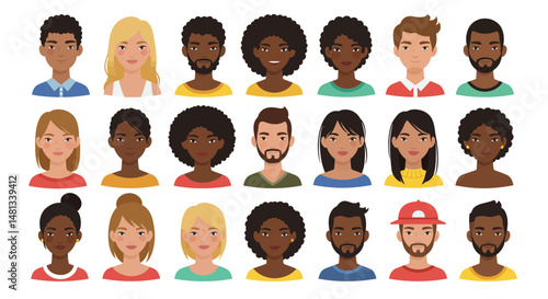 Diverse group of nine cartoon people with various skin tones and hairstyles