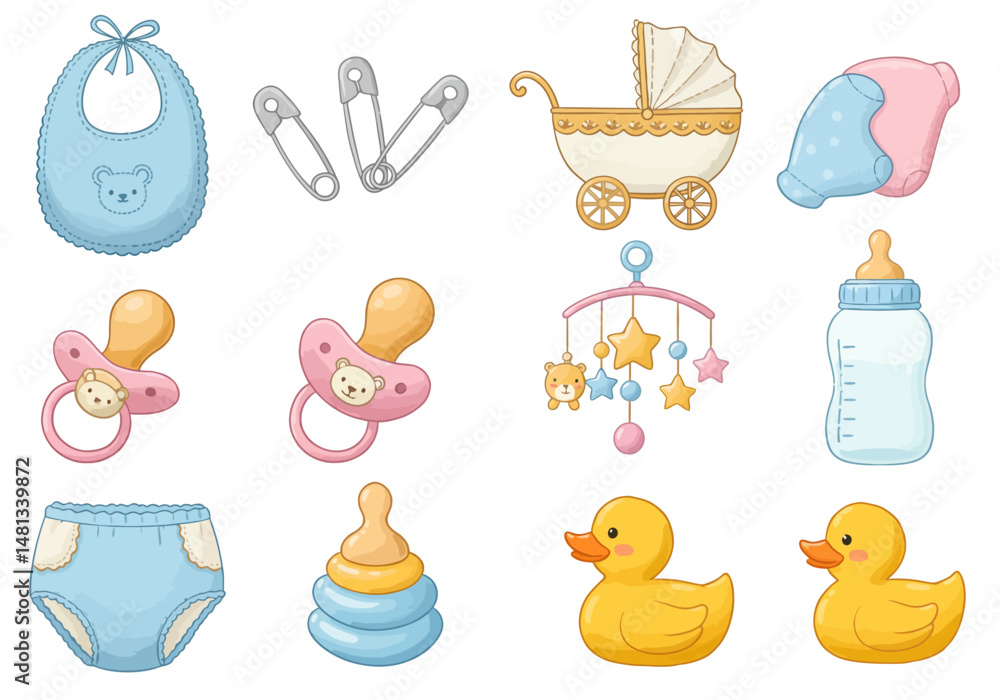 Adorable Baby Essentials Bib Pacifiers Diaper Safety Pins and Stacking Toy Adorable Baby Essentials Bib Pacifiers Diaper Safety Pins and Stacking Toy
