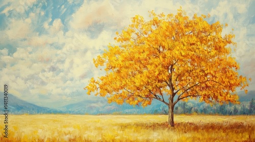 A golden autumn tree stands proudly in a field.