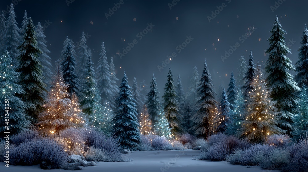 Magical Winter Wonderland Snow Covered Christmas Trees Festive Lights Magical Winter Wonderland Snow Covered Christmas Trees Festive Lights