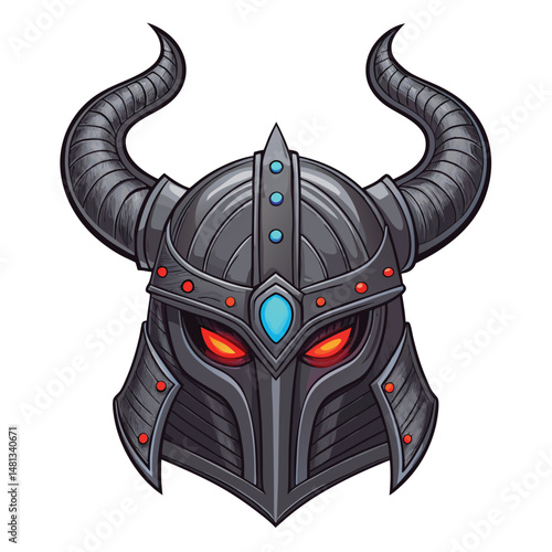 Create a digital painting of a legendary horned helmet, imbued with magical glowing eyes, exhibiting intricate detail and a dark fantasy aesthetic.  DA style.