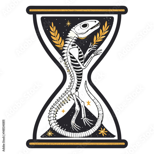 A meticulously detailed lizard skeleton artfully arranged within a sand-filled hourglass frame, showcasing both fragility and the passage of time.