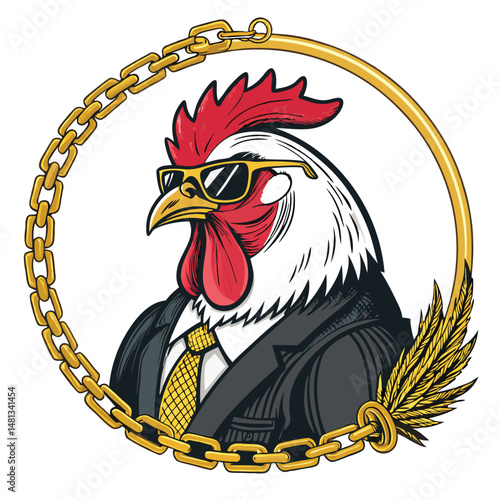 A dapper rooster, mafia style, in a sharp suit and sunglasses, perched inside a gleaming golden cage.