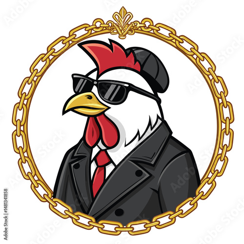 A suave cartoon chicken, wearing a pinstripe suit and sunglasses, sits inside a gleaming golden cage.  The setting suggests a luxurious, albeit slightly illicit, environment.