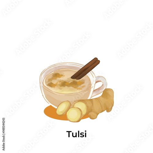 Realistic illustration of traditional Indian beverages Tulsi