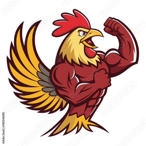 A hyper-realistic image of a muscular rooster bursting through a gym wall, flexing its powerful biceps and pecs, feathers ruffled.