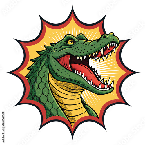 A terrifying mutant crocodile, possessing grotesquely oversized teeth, is dramatically framed within a circular vignette.  High detail, sharp focus.