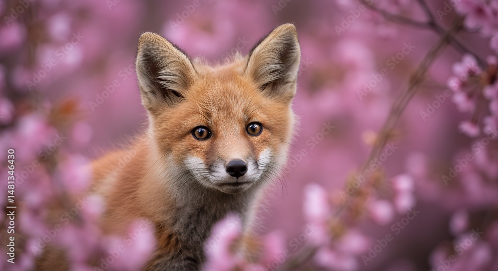 Obraz premium Fox cub in spring blossom