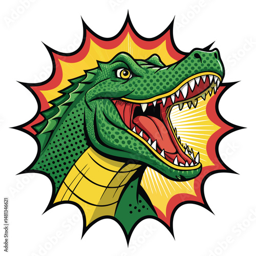 A terrifying mutant crocodile with grotesquely oversized teeth, framed in a dark, weathered wooden frame, showcasing its aggressive posture.
