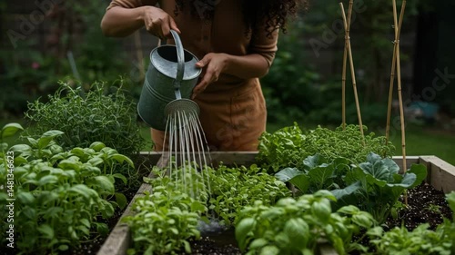 Woman tending a garden with herbs in a raised bed, using a watering can.