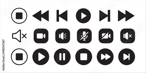 Media player icon set. Video and audio player buttons. Player interface.Media player control icon set, multimedia symbols and audio. vector illustration eps 10.