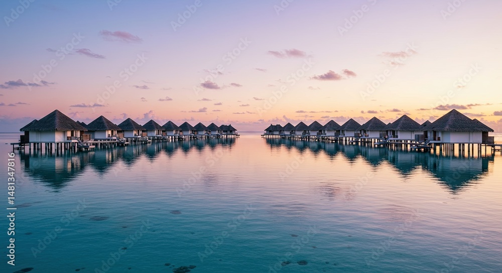 Obraz premium Tranquil overwater bungalows at sunrise