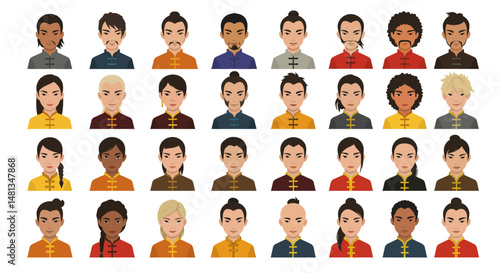 Diverse Portraits of People in Traditional Attire Various Hairstyles and Expressions