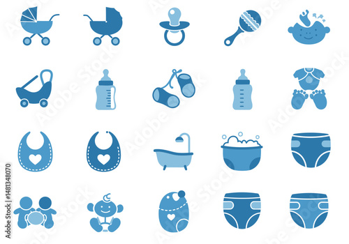 Baby themed pattern with stroller bottle bib bath baby and family icons