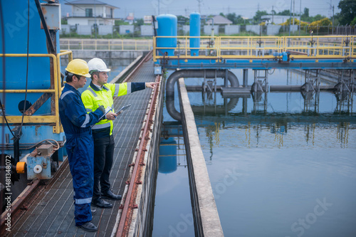 An inspector and an engineer at a water treatment plant are working together to plan the installation of additional water filters to make the water cleaner and safe for household use.