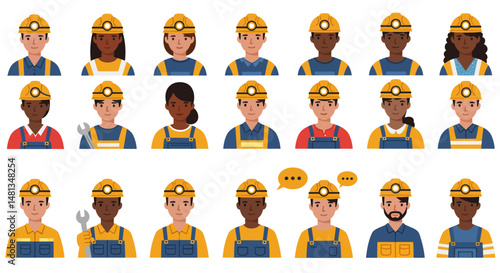 Diverse Cartoon Miners with Hard Hats and Workwear Front View