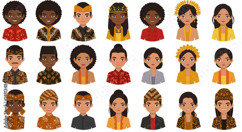 Diverse collection of cartoon people wearing traditional Indonesian batik clothing