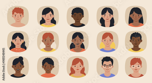 Diverse group of six stylized portraits with various skin tones and hairstyles