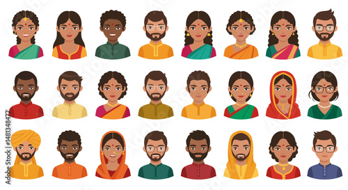 Diverse Indian People Cartoon Avatars of Men and Women in Traditional Clothing