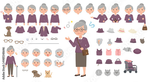 Elderly Woman Character Design Assets with Various Expressions and Accessories