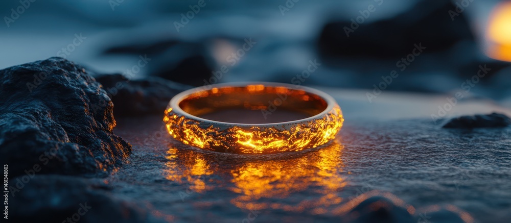 Fiery Ring on Rocks at Dusk, Fantasy Fiery Ring on Rocks at Dusk, Fantasy